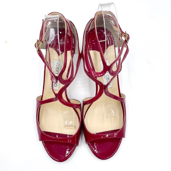 Jimmy Choo Ivette Sandals Burgundy Patent Leather Strappy Low Heels Sz 40 / 10 - Picture 3 of 11